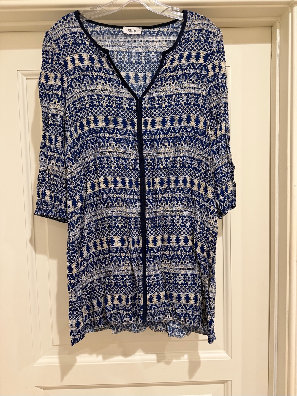 Glam American Made Blue Ivory Boho Print Tunic Dress Size S